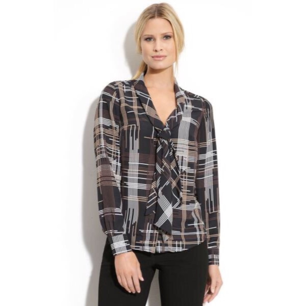 TRINA TURK DAME TIE FRONT PLAID BLOUSE SIZE 10